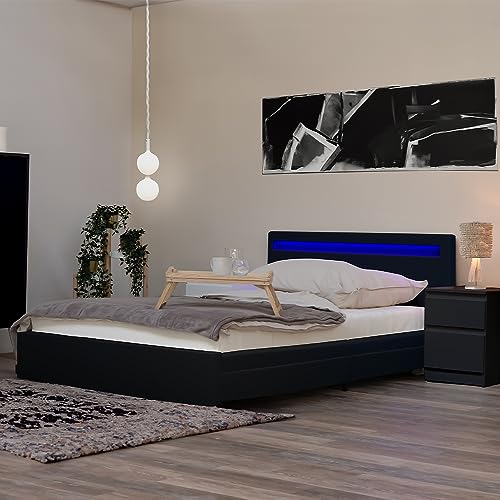 Home Deluxe - LED Bett NUBE - Schwarz, 140 x 200 cm - inkl. Lattenrost und Schubladen I Polsterbett Design Bett inkl. Beleuchtung von Home Deluxe