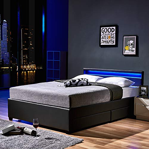 HOME DELUXE - LED Bett NUBE - Schwarz 180 x 200 cm - inkl. Matratze, Lattenrost und Schubladen I Polsterbett Design Bett inkl. Beleuchtung von Home Deluxe