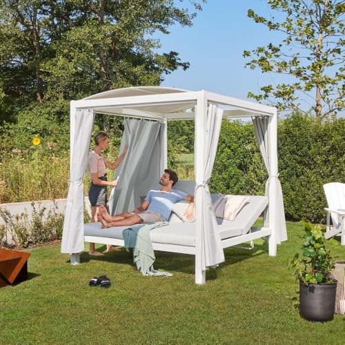 HOME DELUXE - Sonnenliege - Lyon inkl. Abdeckung, Maße: ca. 208 x 188 x 207 cm, Farbe: Weiß, Loungebett für 2 Personen, inkl. Vorhänge und Sonnendach I Gartenliege Doppelliege Gartenliege von Home Deluxe