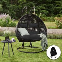 Hängesessel Twin - Schwarz, Höhe 195 cm - inkl. Regenabdeckung, Gestell, Sitz- und Rückenkissen i Polyrattan Hängestuhl Gartenschaukel Hängekorb von Home Deluxe