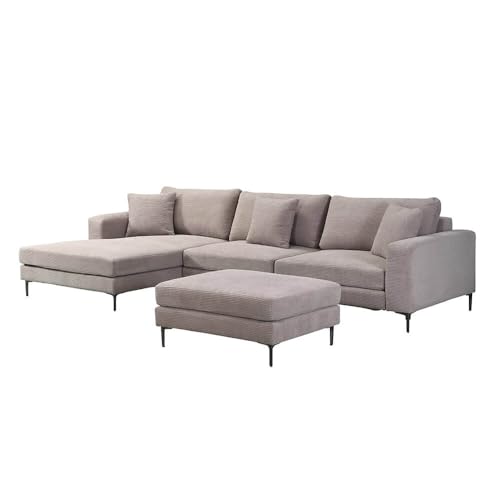 Home Deluxe Sofa BELLANO Beige L 340 x 188 x 94 cm - Ottomane: Links | inkl. Zierkissen Cordsofa, L – Form Sofa, Ecksofa, Cordstoff von Home Deluxe