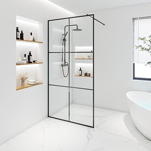 Home Deluxe - Duschabtrennung - BAKI - Breite: 150 cm, Schwarzer Rahmen, Klarglas, 6 Raster Optik - 10 mm ESG - Sicherheitsglas I Walk in Dusche, Duschwand, Duschtür von Home Deluxe