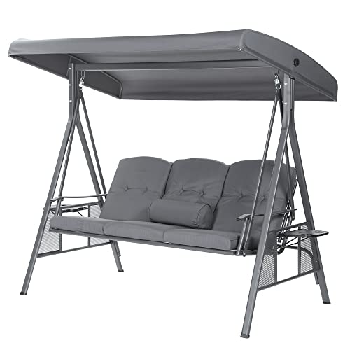 HOME DELUXE - Hollywoodschaukel DESCANSO Grau - 3-Sitzer, B/H/L 115cm x 195cm x 198cm, inkl. Getränkehalter, Sitz- und Rückenkissen I Gartenliege Gartenlounge Schaukelliege von Home Deluxe