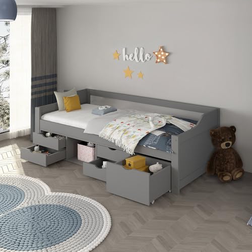 Home Deluxe - Kinderbett Cosmos - 90 x 200 cm, Farbe: Grau, inkl. Matratze, Schubladen und Lattenrost I Kinderbettchen Jugendbett Babybett von Home Deluxe