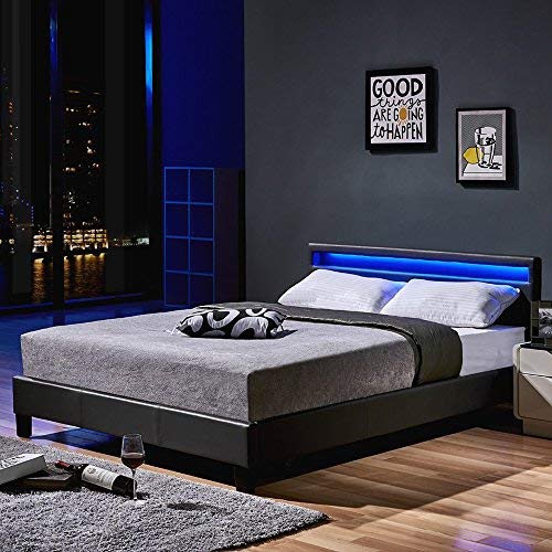 Home Deluxe - LED Bett Astro - Dunkelgrau, 140 x 200 cm - inkl. Matratze und Lattenrost I Polsterbett Design Bett inkl. Beleuchtung von Home Deluxe
