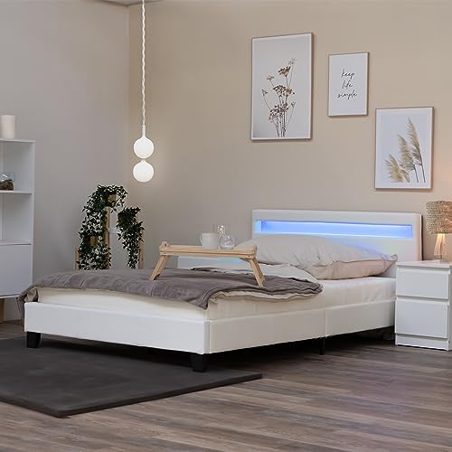 Home Deluxe - LED Bett Astro - Weiß, 140 x 200 cm - inkl. Matratze und Lattenrost I Polsterbett Design Bett inkl. Beleuchtung von Home Deluxe