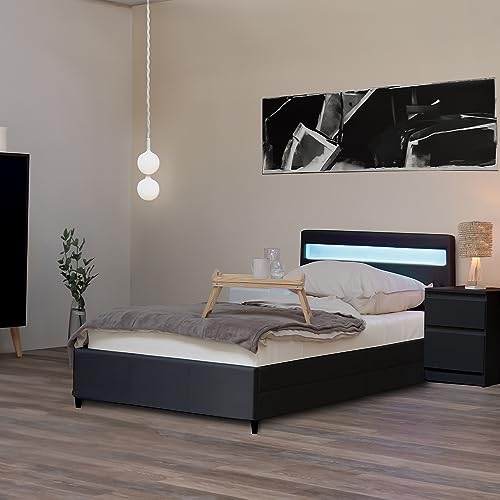 Home Deluxe - LED Bett NUBE - Dunkelgrau, 90 x 200 cm - inkl. Lattenrost und Schubladen I Polsterbett Design Bett inkl. Beleuchtung von Home Deluxe