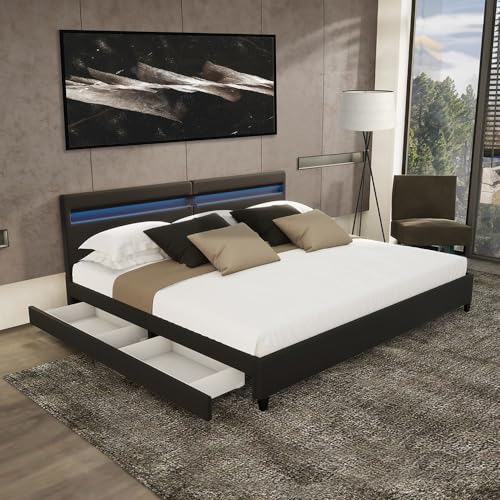 Home Deluxe - LED Bett NUBE - Schwarz, 200 x 200 cm - inkl. Lattenrost und Schubladen I Polsterbett Design Bett inkl. Beleuchtung von Home Deluxe