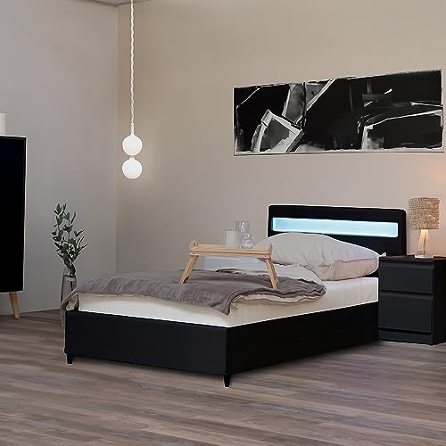 Home Deluxe - LED Bett NUBE - Schwarz 90 x 200 cm - inkl. Matratze, Lattenrost und Schubladen I Polsterbett Design Bett inkl. Beleuchtung von Home Deluxe