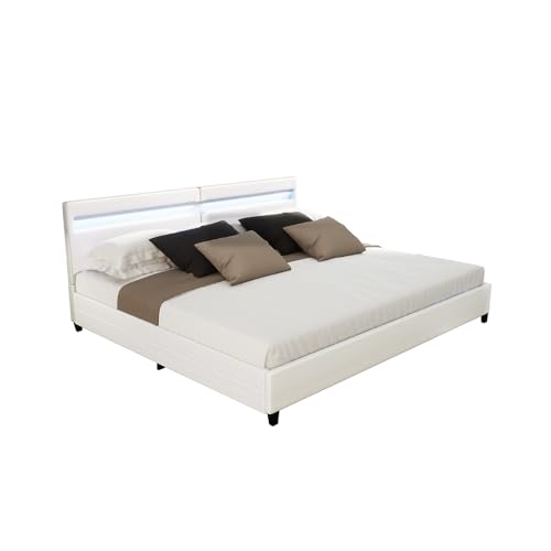 Home Deluxe - LED Bett NUBE - Weiß, 200 x 200 cm - inkl. Matratze, Lattenrost und Schubladen I Polsterbett Design Bett inkl. Beleuchtung von Home Deluxe