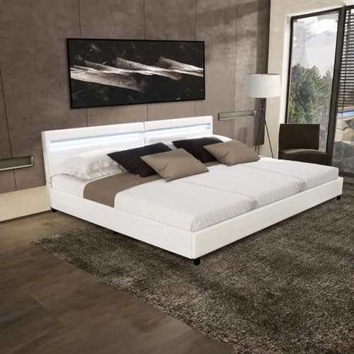 Home Deluxe - LED Bett NUBE - Weiß, 270 x 200 cm - inkl. Matratze, Lattenrost und Schubladen I Polsterbett Design Bett inkl. Beleuchtung von Home Deluxe