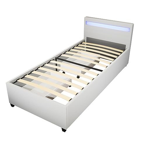 Home Deluxe - LED Bett NUBE - Weiß, 90 x 200 cm - inkl. Lattenrost und Schubladen I Polsterbett Design Bett inkl. Beleuchtung von Home Deluxe