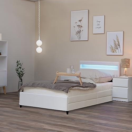 Home Deluxe - LED Bett NUBE - Weiß, 90 x 200 cm - inkl. Matratze, Lattenrost und Schubladen I Polsterbett Design Bett inkl. Beleuchtung von Home Deluxe