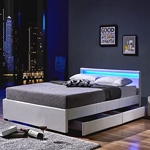 Home Deluxe - LED Bett NUBE - Weiß, 140 x 200 cm - inkl. Lattenrost und Schubladen I Polsterbett Design Bett inkl. Beleuchtung von Home Deluxe