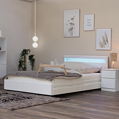 Home Deluxe - LED Bett NUBE - Weiß, 180 x 200 cm - inkl. Matratze, Lattenrost und Schubladen I Polsterbett Design Bett inkl. Beleuchtung von Home Deluxe