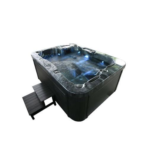 Home Deluxe - Outdoor Whirlpool - Black Marble Plus Treppe und Thermoabdeckung - Maße 210 x 160 x 85 cm - Inkl. Heizung, 27 Massagedüsen und 9 Lichtquellen I Außen Whirlpool Spa für 3 Personen von Home Deluxe