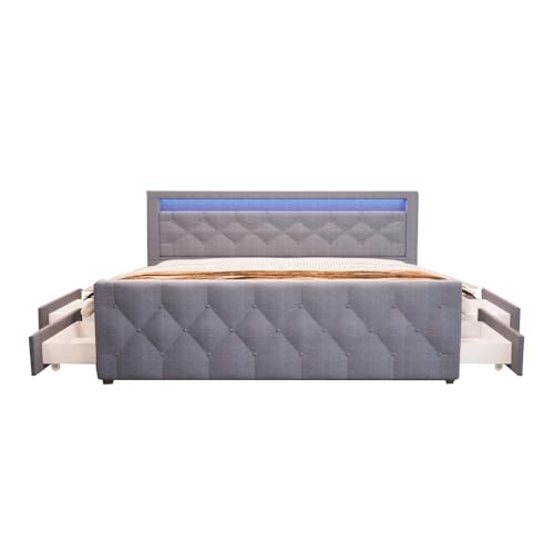 Home Deluxe - Polsterbett VELARA - 180 x 200 cm, Farbe: Dunkelgrau, gepolstertes Kopfteil mit LED Beleuchtung, inkl. 4 Schubladen I Doppelbett Komforbett von Home Deluxe