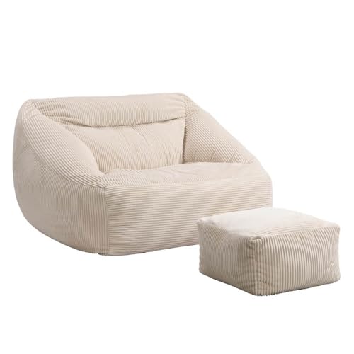 Home Deluxe - Sitzsack Cozy mit Hocker - Stoff: Samt Cord, Farbe: Beige - Maße: 100 x 88 x 80 cm, inkl. Füllung I Sitzmöbel Bean Bag Sitzsäcke von Home Deluxe