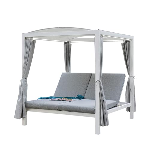 Home Deluxe - Sonnenliege - Lyon, Maße: ca. 208 x 188 x 207 cm, Farbe: Weiß, Loungebett für 2 Personen, inkl. Vorhänge und Sonnendach I Gartenliege Doppelliege Gartenliege von Home Deluxe