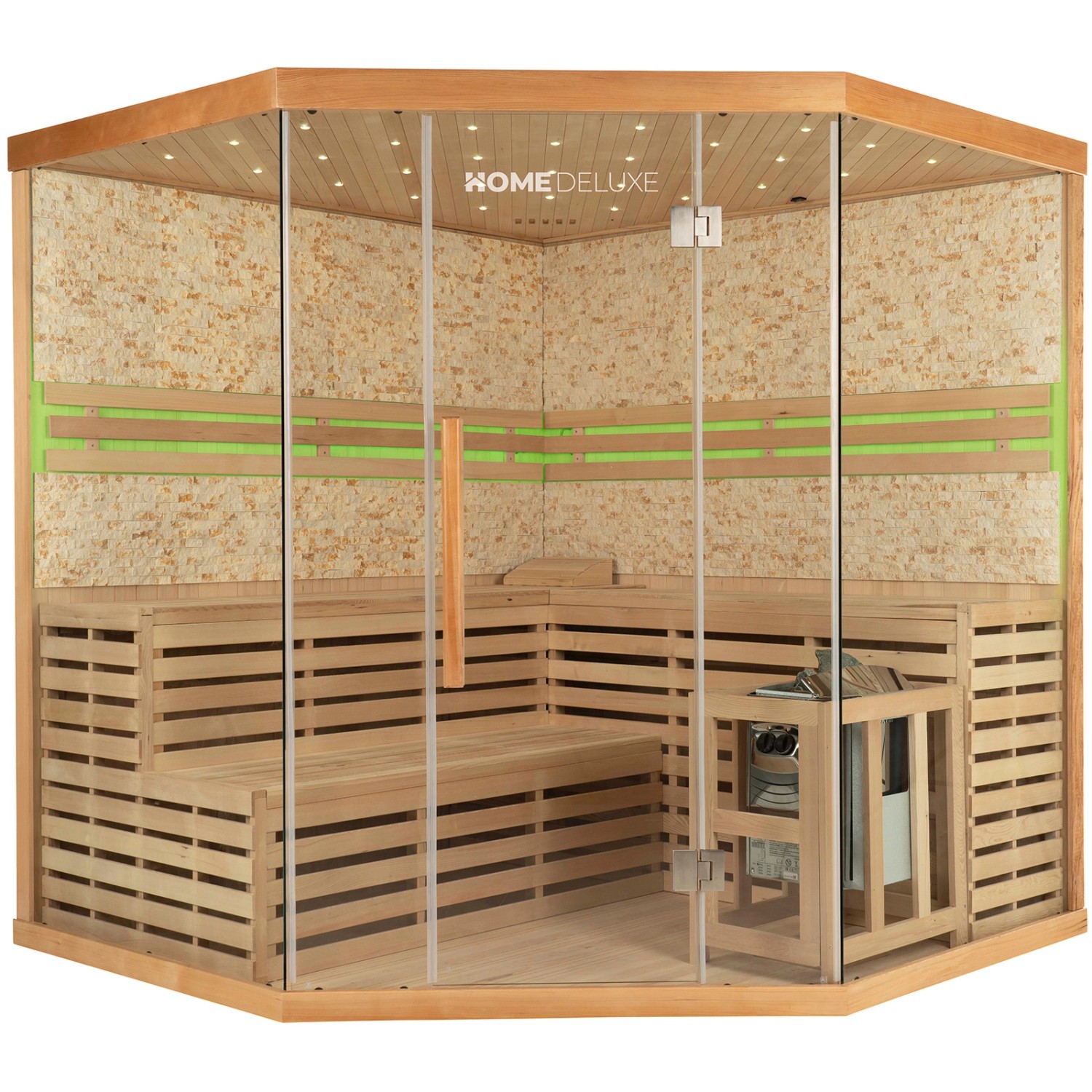 Traditionelle Sauna SKYLINE BIG Tannenholz Natur XL mit Kunststeinwand von Home Deluxe