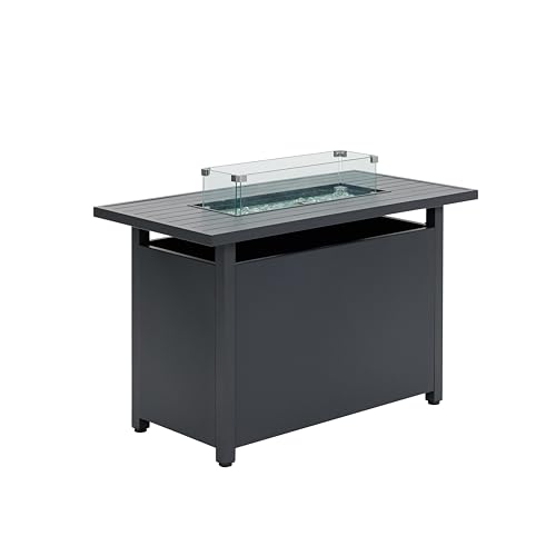 Kleine oder große Feuerstelle Esstisch, Stahl oder Aluminium Garten Feuerstelle Tisch mit Lavasteinen, Glas Windschutz und Gartenmöbel Abdeckung, Outdoor Gas Feuerstelle Tische in Grau (Großes von Home Detail