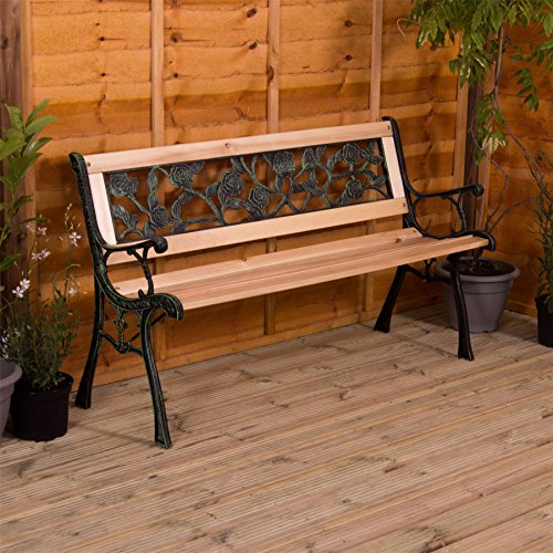 Home Discount Garden Vida Gartenbank, Rosen-Design, 3-Sitzer, für den Außenbereich, Holzlatten, Beine aus Gusseisen, Parkbank, Terrassensitzmöbel von Home Discount