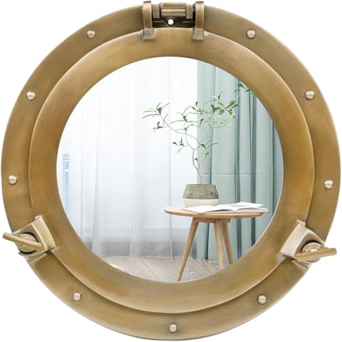 Home Dress Bullauge-Spiegel und Fenster aus Aluminium mit Schiffen – nautischer runder Wandspiegel mit robustem Rahmen für Badezimmer, Wohnzimmer und Außenbereich (Golden, Mirror, 30 inch) von Home Dress
