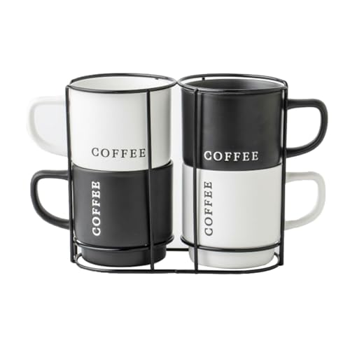 Home ESPRIT Set mit 4 Tassen, weiß, schwarz, Metall, Porzellan, 380 ml von Home ESPRIT