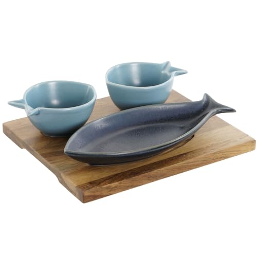 Home ESPRIT Snack-Set, Himmelblau, Porzellan, Akazie, Mediterran, Fisch, 19,5 x 16,5 x 1,3 cm, 4 Stück von Home ESPRIT