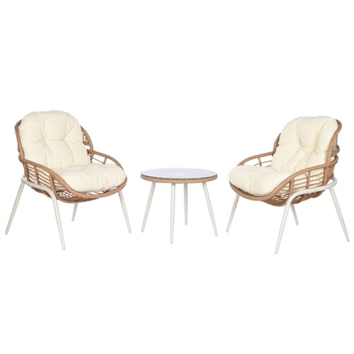 Home ESPRIT Tischset mit 2 Sesseln, Weiß, Beige, Grau, Metall, Glas, Polyrattan, 55 x 55 x 47 cm von Home ESPRIT