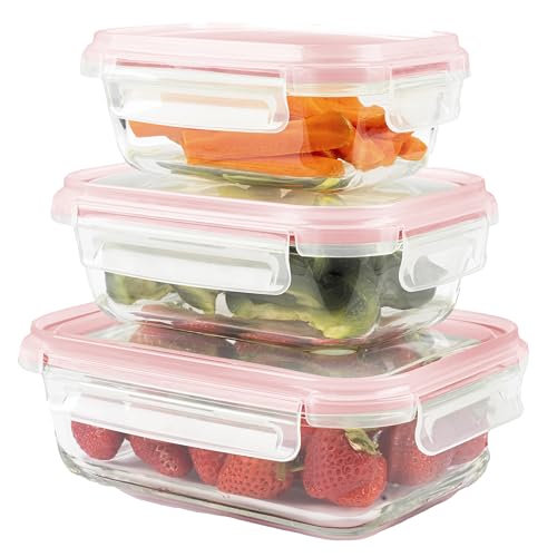 Home Fleek Frischhaltedosen Mit Deckel – Luftdichte Behälter Für Lebensmittel, Glas Schüssel Mit Deckel Set Sicher Für Mikrowelle Und Gefrierschrank | Meal Prep Boxen Glas (3 Behälter, Rot) von Home Fleek