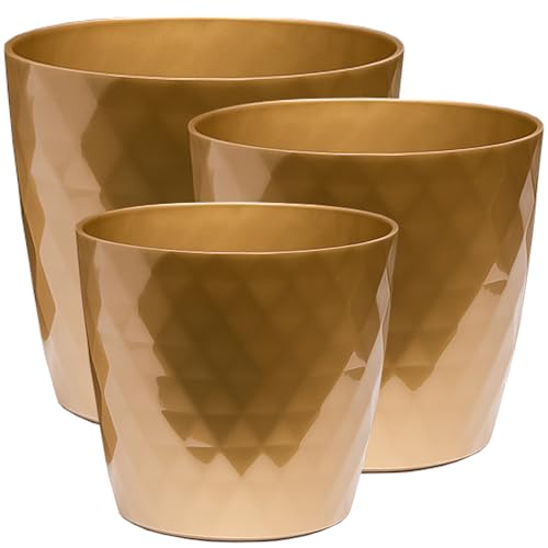 Home Garden Ornaments Blumentopf Set 3 Stück – Blumentöpfe/Pflanzentopf Kunststoff Übertopf 14/16/18 cm glänzend Kristallstruktur (Gold) von Home Garden Ornaments