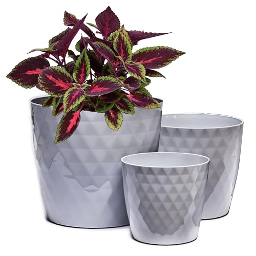 Home Garden Ornaments Blumentopf Übertopf Set aus 3 Kunststoff Blumentöpfen – Kristallstruktur, glänzende Oberfläche, Keine Drainagelöcher – Übertöpfe für Zimmerpflanzen (14 cm, 16 cm, 18 cm, Grau) von Home Garden Ornaments