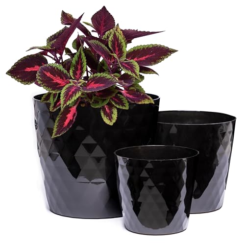 Home Garden Ornaments Blumentopf Übertopf Set aus 3 Kunststoff Blumentöpfen – Kristallstruktur, glänzende Oberfläche, Keine Drainagelöcher Übertöpfe für Zimmerpflanzen (14 cm, 16 cm, 18 cm, Schwarz) von Home Garden Ornaments