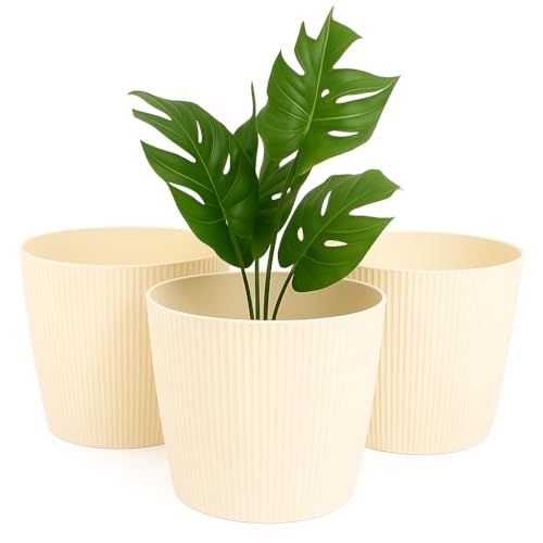 Home Garden Ornaments, Übertopf & Blumentopf im 3er-Set aus Kunststoff, ohne Drainagelöcher, Pflanzentopf mit Streifenmuster für Zimmerpflanzen (Creme, 13,5 cm) von Home Garden Ornaments