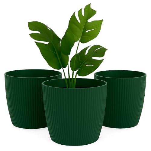 Home Garden Ornaments, Übertopf & Blumentopf im 3er-Set aus Kunststoff, ohne Drainagelöcher, Pflanzentopf mit Streifenmuster für Zimmerpflanzen (Grün, 13,5 cm) von Home Garden Ornaments