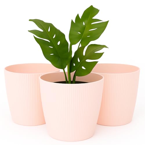 Home Garden Ornaments Blumentopf Übertopf Set aus 3 Kunststoff Blumentöpfen – Streifenmuster, ohne Drainagelöcher – Übertöpfe für Zimmerpflanzen (15.5 cm, Beige) von Home Garden Ornaments