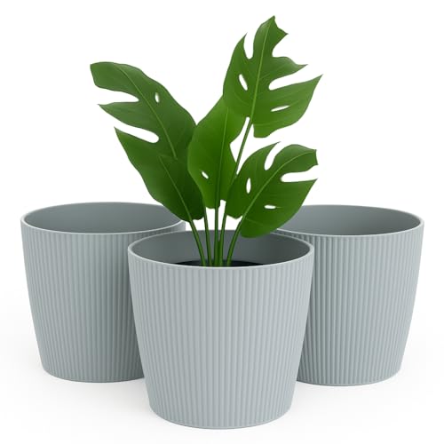 Home Garden Ornaments, Übertopf & Blumentopf im 3er-Set aus Kunststoff, ohne Drainagelöcher, Pflanzentopf mit Streifenmuster für Zimmerpflanzen (Grau, 15,5 cm) von Home Garden Ornaments