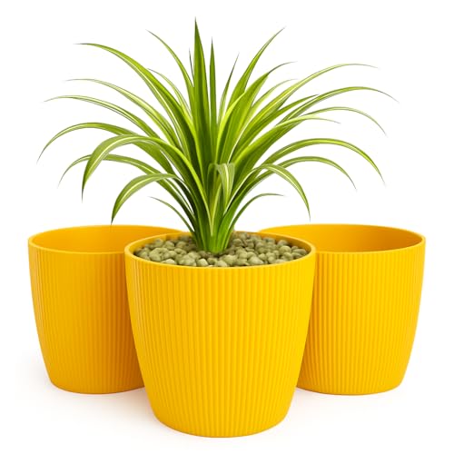 Home Garden Ornaments, Übertopf & Blumentopf im 3er-Set aus Kunststoff, ohne Drainagelöcher, Pflanzentopf mit Streifenmuster für Zimmerpflanzen (Senfgelb, 15,5 cm) von Home Garden Ornaments