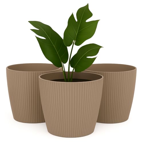 Home Garden Ornaments, Übertopf & Blumentopf im 3er-Set aus Kunststoff, ohne Drainagelöcher, Pflanzentopf mit Streifenmuster für Zimmerpflanzen (Taupe, 18 cm) von Home Garden Ornaments
