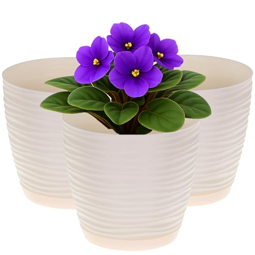 Home Garden Ornaments Pflanzentopf für Zimmerpflanzen,3er Set Blumentöpfe aus Kunststoff mit Wellenstruktur, Drainagelöchern Integriertem Untersetzer,für Innen & Außenbereich (11 cm, cremefarben) von Home Garden Ornaments