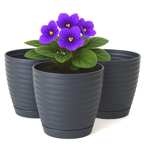 Home Garden Ornaments Pflanzentopf für Zimmerpflanzen – 3er Set Blumentöpfe aus Kunststoff mit Wellenstruktur, Drainagelöchern & integriertem Untersetzer für Innen & Außenbereich (13 cm, anthrazit) von Home Garden Ornaments