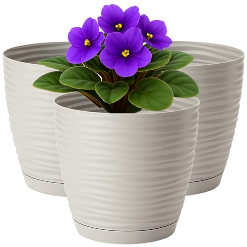 Home Garden Ornaments Pflanzentopf für Zimmerpflanzen – 3er Set Blumentöpfe aus Kunststoff mit Wellenstruktur, Drainagelöchern & integriertem Untersetzer für Innen & Außenbereich (13 cm, hellgrau) von Home Garden Ornaments