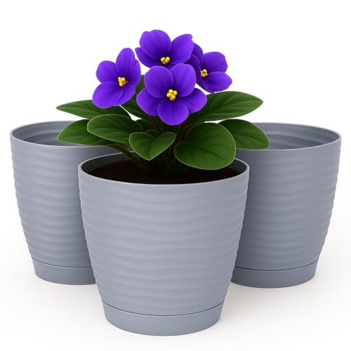 Home Garden Ornaments Pflanzentopf für Zimmerpflanzen – 3er Set Blumentöpfe aus Kunststoff mit Wellenstruktur, Drainagelöchern & integriertem Untersetzer – für Innen & Außenbereich (15 cm, grau) von Home Garden Ornaments