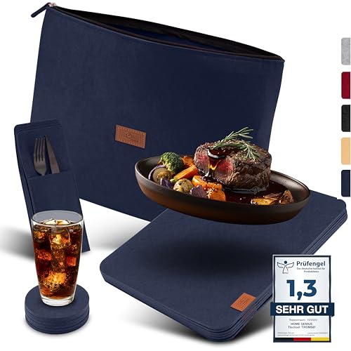 Home Genius® | 18er Premium Platzset 'TROMSØ' 40x30cm mit Reißverschlusstasche | dunkelblau | 5mm Tischset aus Filz - abwischbar & waschmaschinenfest - Bestecktasche, Teller- und Glasuntersetzer von Home Genius