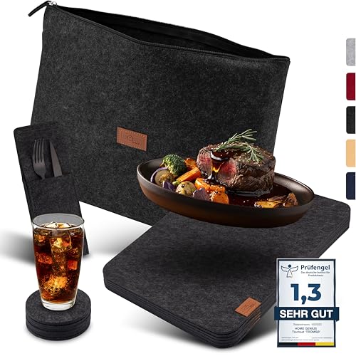 Home Genius® | 18er Premium Platzset 'TROMSØ' mit Aufbewahrungstasche 40x30cm | anthrazit | 5mm Tischset aus Filz - abwischbar & waschmaschinenfest | Bestecktasche, Teller- und Glasuntersetzer von Home Genius