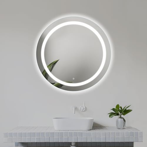 Home Glow Venti 60cm Runder Badezimmerspiegel mit LED Beleuchtung, Runder LED Badspiegel mit Touch Schalter, Spiegel mit naturweißer LED Frontleuchte. Ring von Home Glow