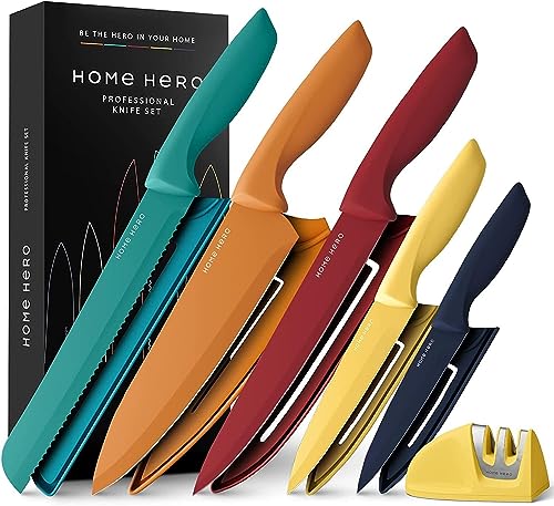 Home Hero Messerset mit Messerschärfer - Scharfe Küchenmesser Set - Messerblock Kochmesser Set Edelstahl Messer Set (5-tlg mit Scheide - Mehrfarbig) von Home Hero