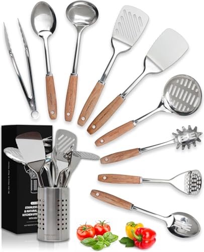 Home Hero Edelstahl-Küchenutensilien-Set - Antihaft-Edelstahl-Kochutensilien-Set - Hitzebeständige Küchenutensilien & Küchenhelfer aus Metall (10 tlg- Holz und Silbe) von Home Hero