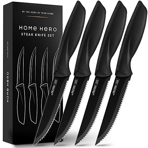 Home Hero Messerset mit Messerschärfer - Scharfe Küchenmesser Set - Messerblock Kochmesser Set Edelstahl Messer Set (4-tlg Steakmesser - Schwarz) von Home Hero